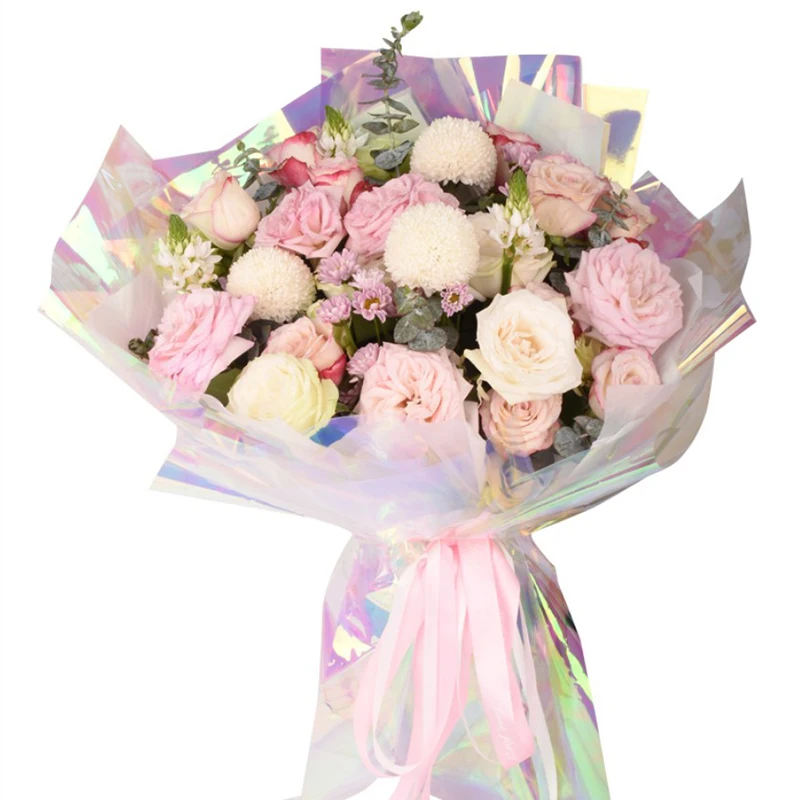 
Factory supply Rainbow color waterproof holographic film flower wrapping paper roll 