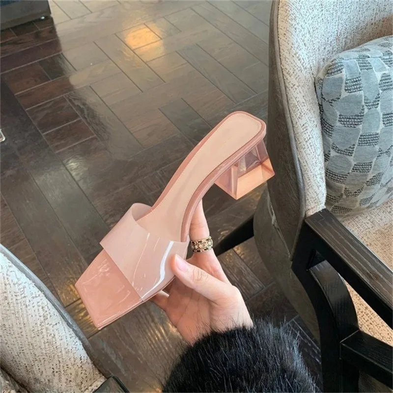 2024 summer new large size transparent crystal heel thick heel high heels ladies sandals slippers for ladies