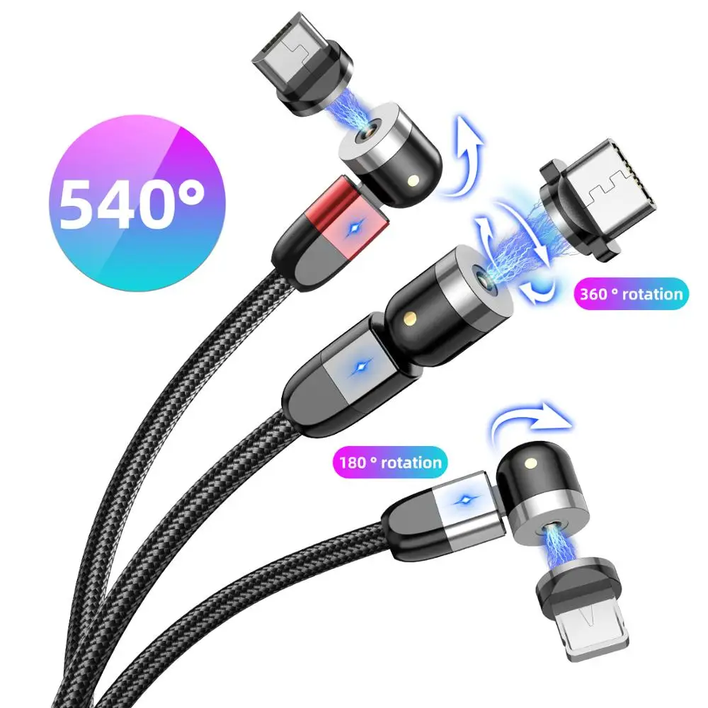 
 540 градусов Магнитный быстрой зарядки светодиод кабель 3 в 1 Micro USB кабель зарядного устройства Type-C кабель для быстрой зарядки для iPhone 12 для Samsung  