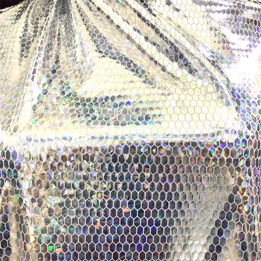 Silver Mirror IRIDESCENT 4 Way Stretch Hologram Square Foil Printing Fabric Disco Ball Fabric for Dress
