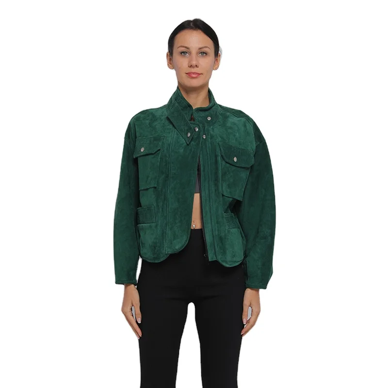 Latest design nubuck looking suede leather jacket motorcycle women with croco embossing patch pocket flat