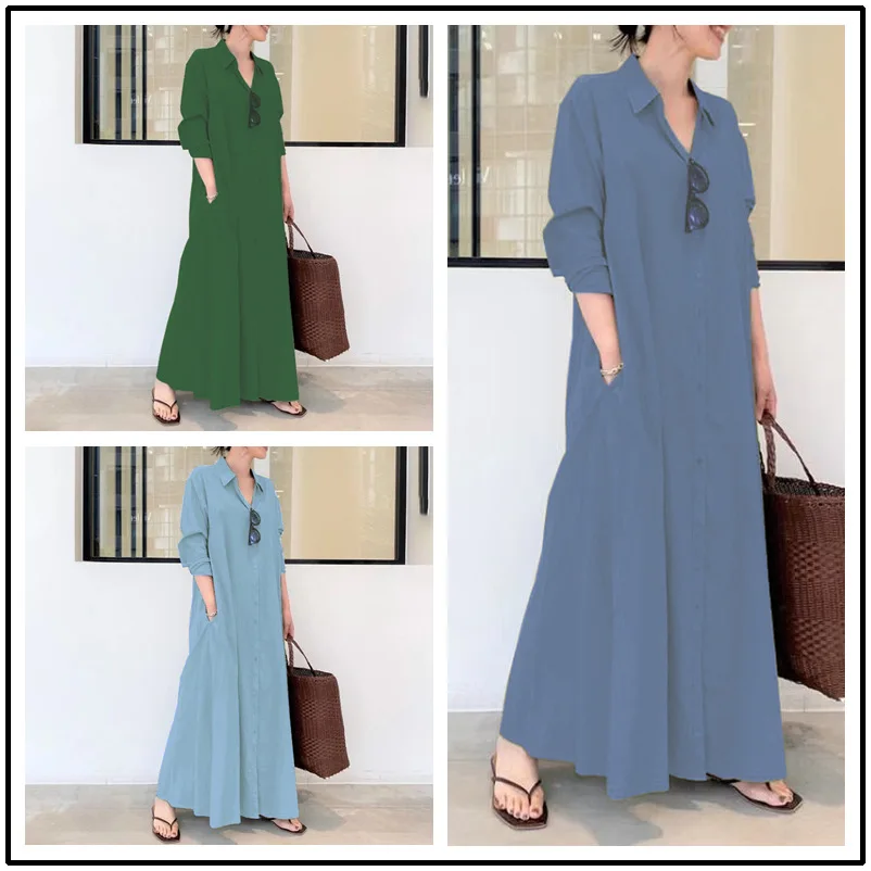 Hot Selling Women Clothing Long Linen Cotton Shirt Dress Casual Dresses