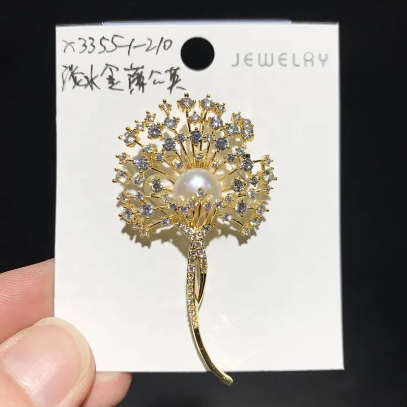 XILIANGFEIZI High Quality Copper Zircon Natural Freshwater Pearl Dandelion Flower Brooch For Women Banquet Dress Pin