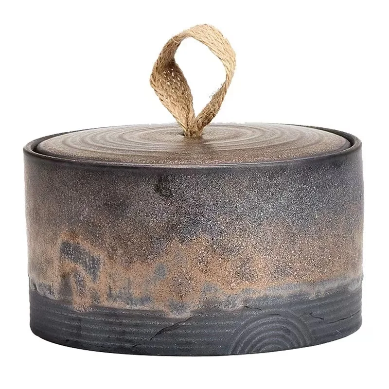 Japanese-style hand-made stoneware retro ceramic storage dry goods sealed coffee beans tea packaging jar with hemp rope handle