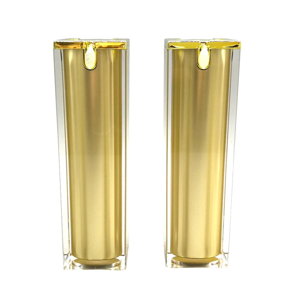 Customized 15ml 30ml 40ml 50ml Gold Square Acrylic Airless Pump Bottle for Cosmetics