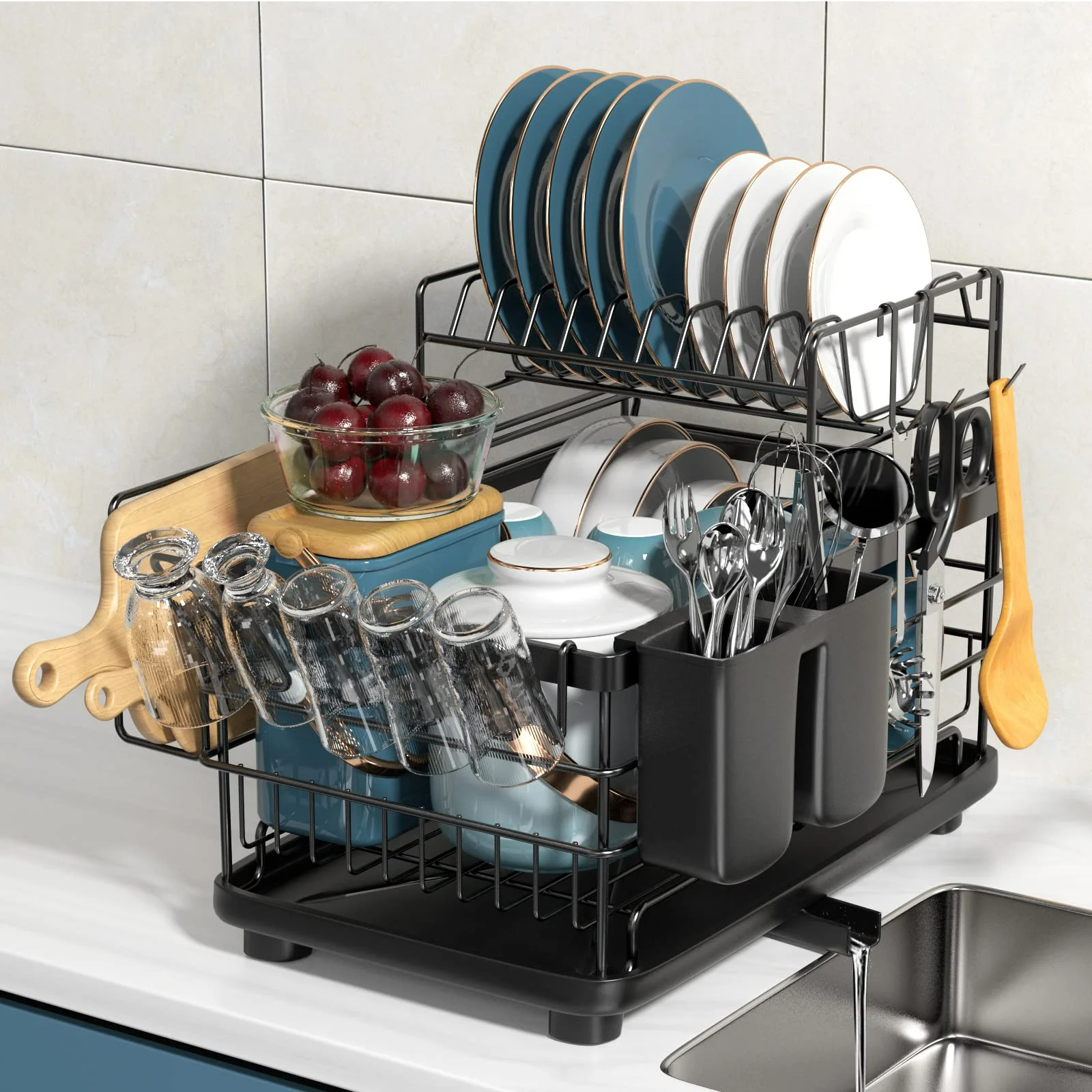 Kitchen 2 Tier Metal Folding Dish Drying Rack Stand Organizer Storage Rack With Cutlery Drainer