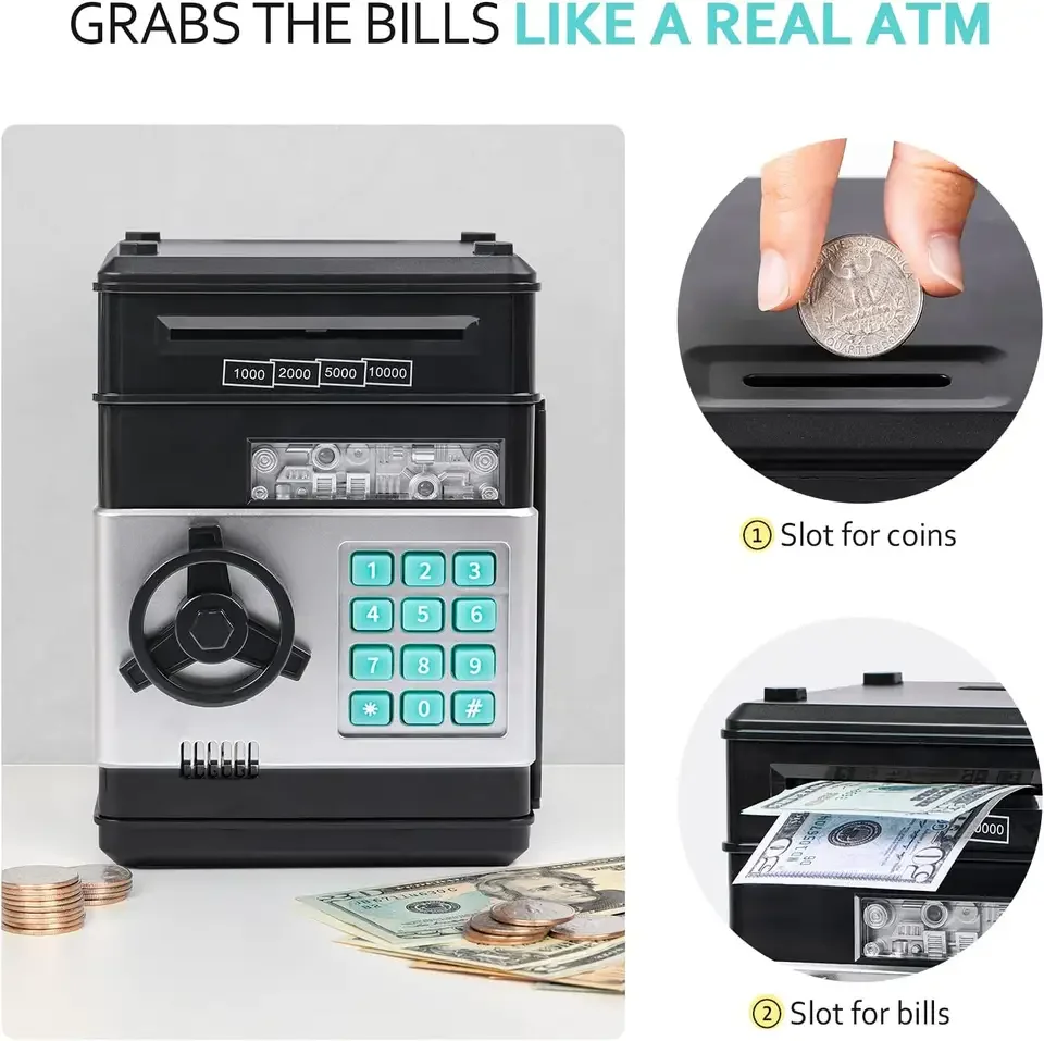 Hot sell electronic atm machine piggy bank plastic coin cash auto-rolling deposit password fingerprint money safe box for kids