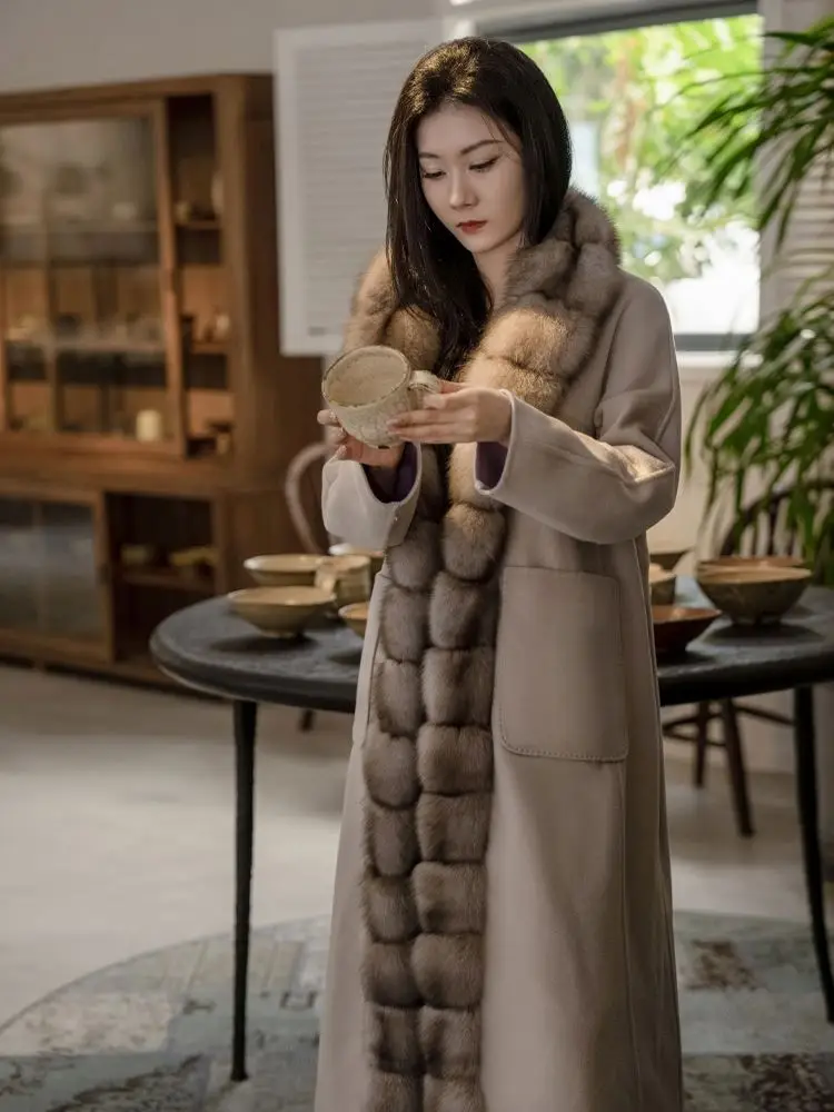 Factory Custom Fashion Luxurious Winter Lady Real Mink Fur Wool And Cashmere Double Sided Fur Coat