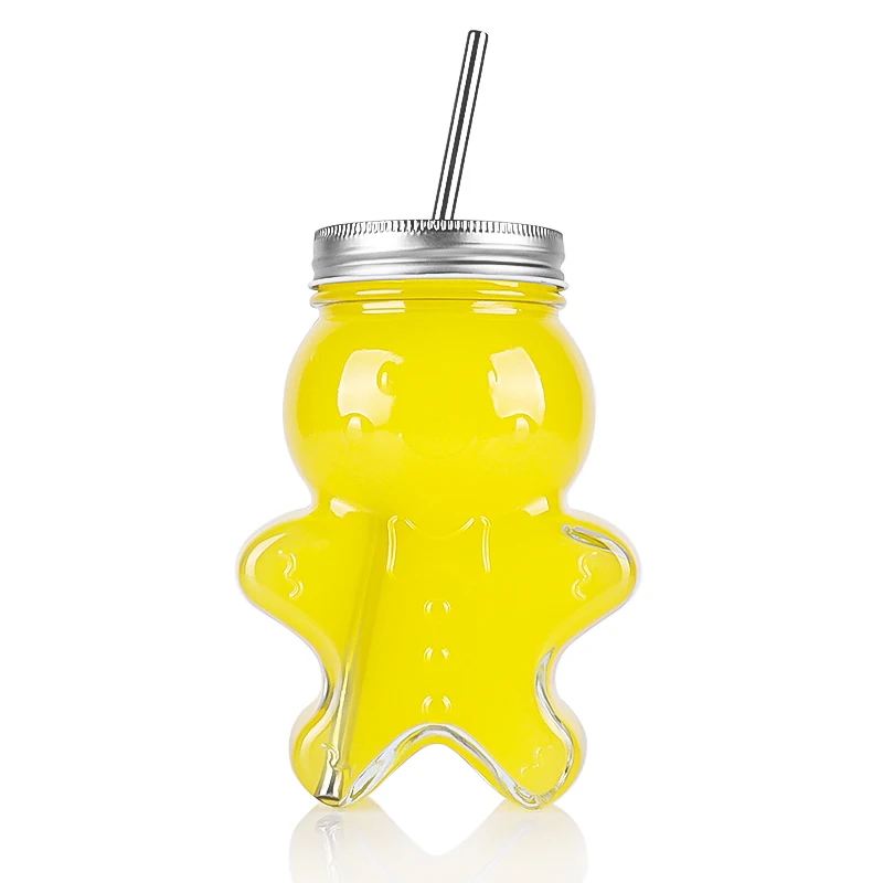 Gingerbread man design glass juice beverage bottles with twist off lids and straw 500ml