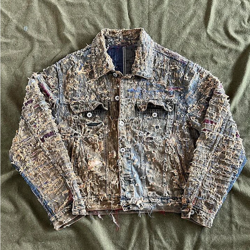DiZNEW Jacket man Custom made high quality distressed heavy button jeans jacket for men