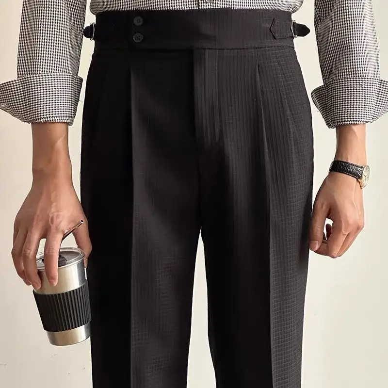 MCP055 Italian Style Mens Naples Trousers High Waist Side Buckle Pant Fitness Double Pleated Mens Business formal Pants