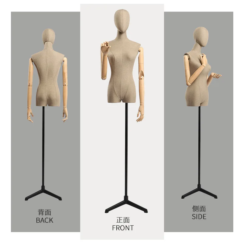 High quality mannequin female half solid wood arm window display clothing store wedding dress model dummy apricot fabric