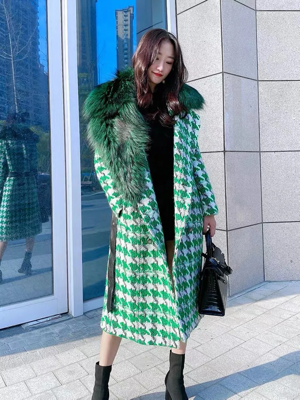 High Level Real Fluffy Fur Trench Coat Long Cashmere Wool Coat Women With Belt