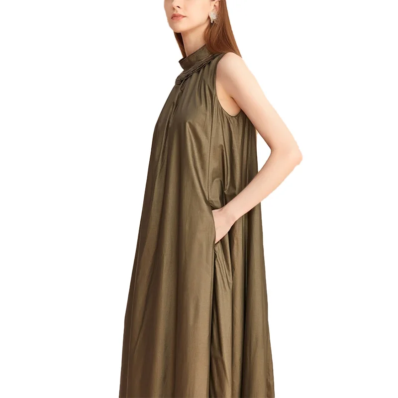 Custom casual dress loose stand collar sleeveless women dress light long skirt women