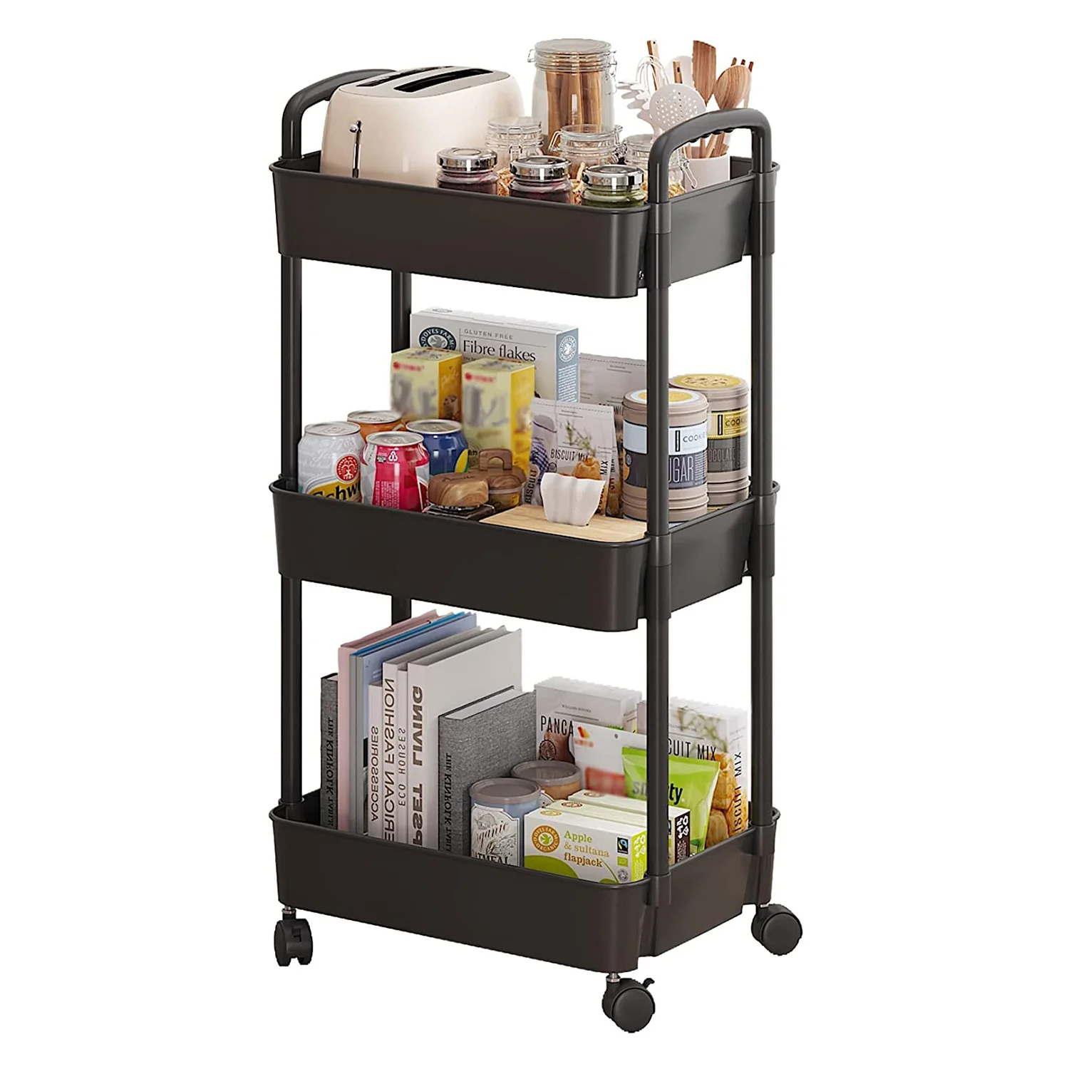 Kitchen Organizer Storage Rack Kitchen 360 Rotating Fruit Basket 3-Tier Plastic Rolling Utility Cart with Handle
