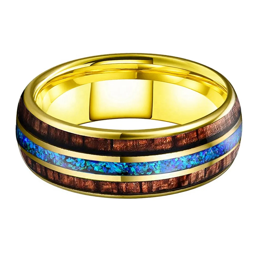 Coolstyle Jewelry 8mm Blue Opal Koa Wood Inlay Gold Tungsten Carbide Ring for Men Women Fashion Wedding Band Comfort Fit