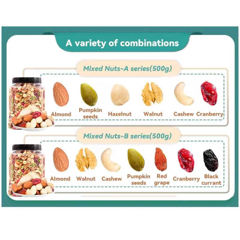 Bucket mixed nuts 500g mixed bulk bagged cashew dried fruit breakfast snack nuts hot selling mixed nuts