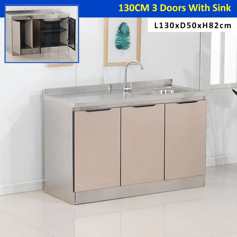 SUS304 Countertop Indoor Outdoor Glass Door Cupboard Modular Stainless Steel Kitchen Cabinet With Sink