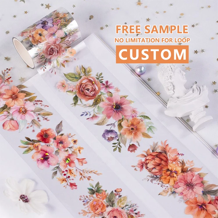 Custom Design Orange Pink Flower Cluster Shell Light Craft Glossy PET Tape For Scrapbooking Supplies
