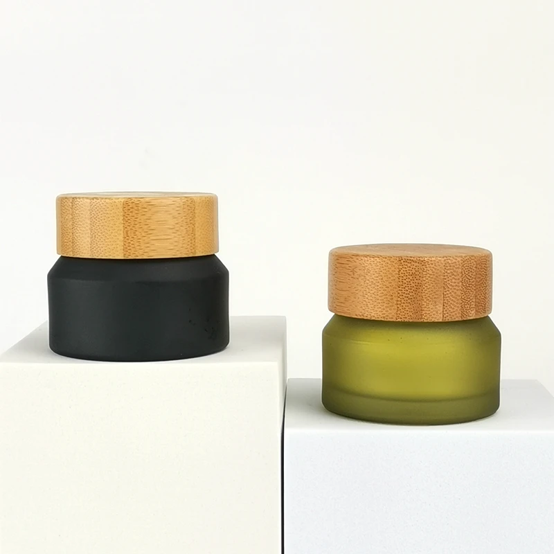 Inclined shoulder cosmetic glass container 30 ml face cream jar colored 30 gm glass jar with bamboo lid