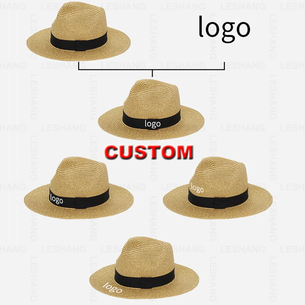 Unisex Spring Summer Breathable Sun Straw Braid Floppy Fedora Beach Panama Cap Straw Hats With wide Brim Custom logo caps