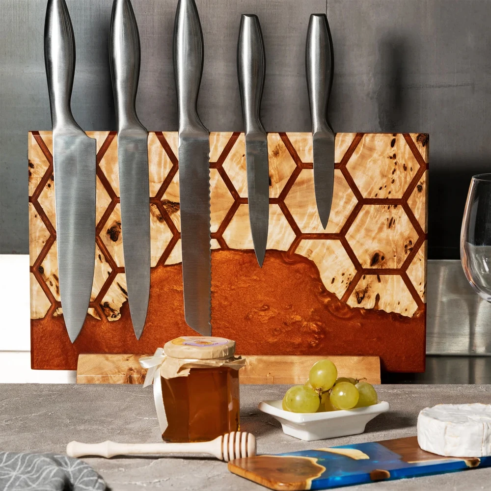 Premium wooden home kitchen strong magnetic knife block knife holder epoxy decorative with cutting board in set