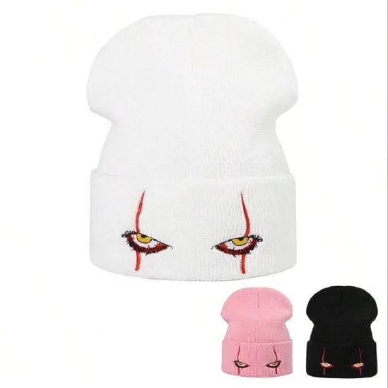WOWEI Embroidered Scary Eyes Knit Beanie Hat Dancing Clown Wool Watch Cap Stretch Cuff Hats for Men Women Kids