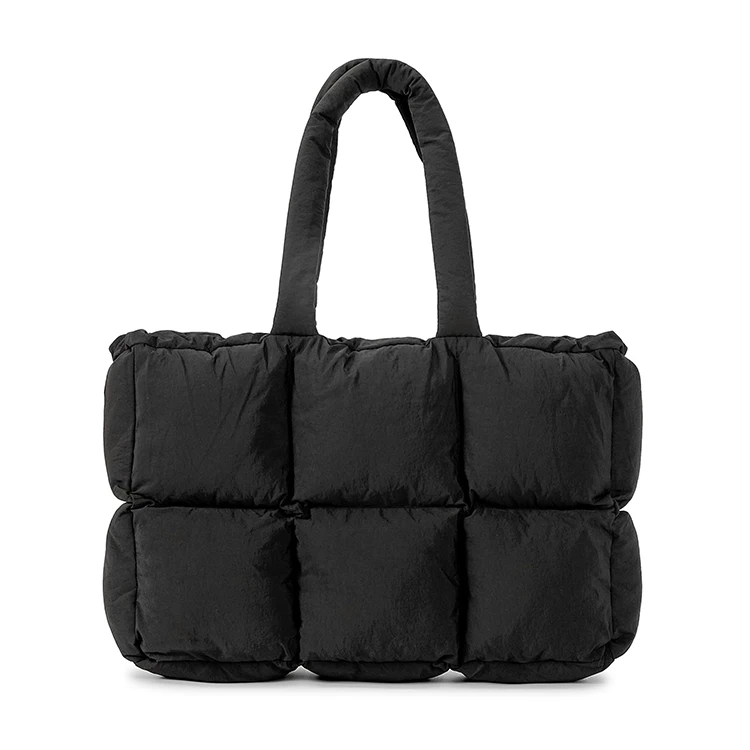 Lightweight Black Quilted Larger Puffy Bag Top Quality Fashion Soft Tote Bag Cotton Padded Puffer Bag