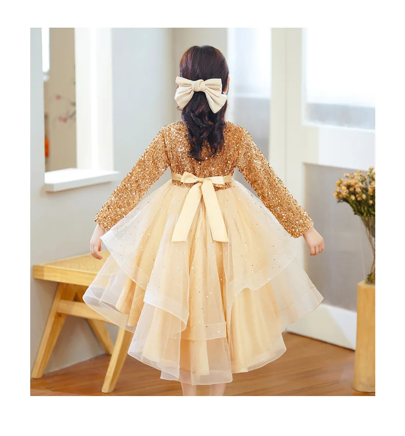 Girls Dress 2022 Winter Christmas Long Sleeve Sequins Trailing Dress Girls Princess Mesh Party Dress