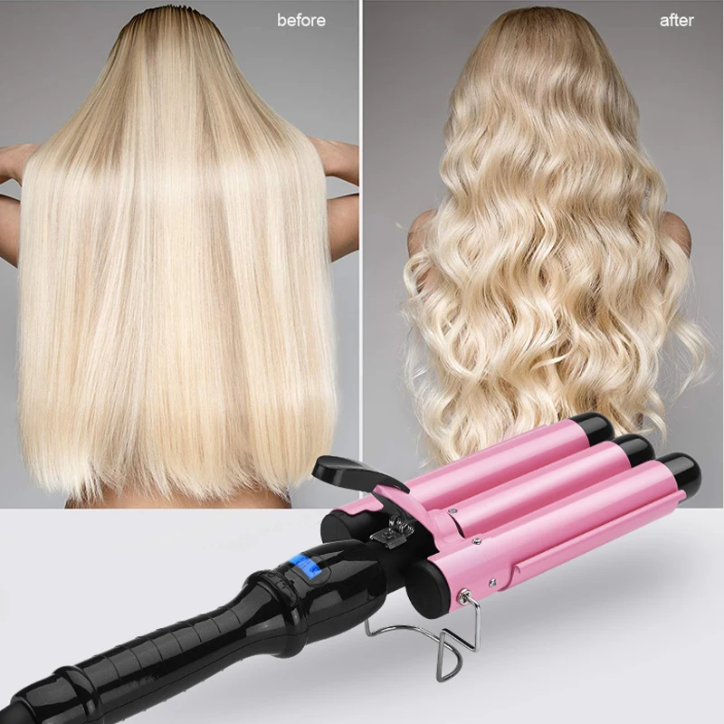 3 Barrel curling iron 25mm hair waver egg roll head large pink crimple with LCD display curling iron