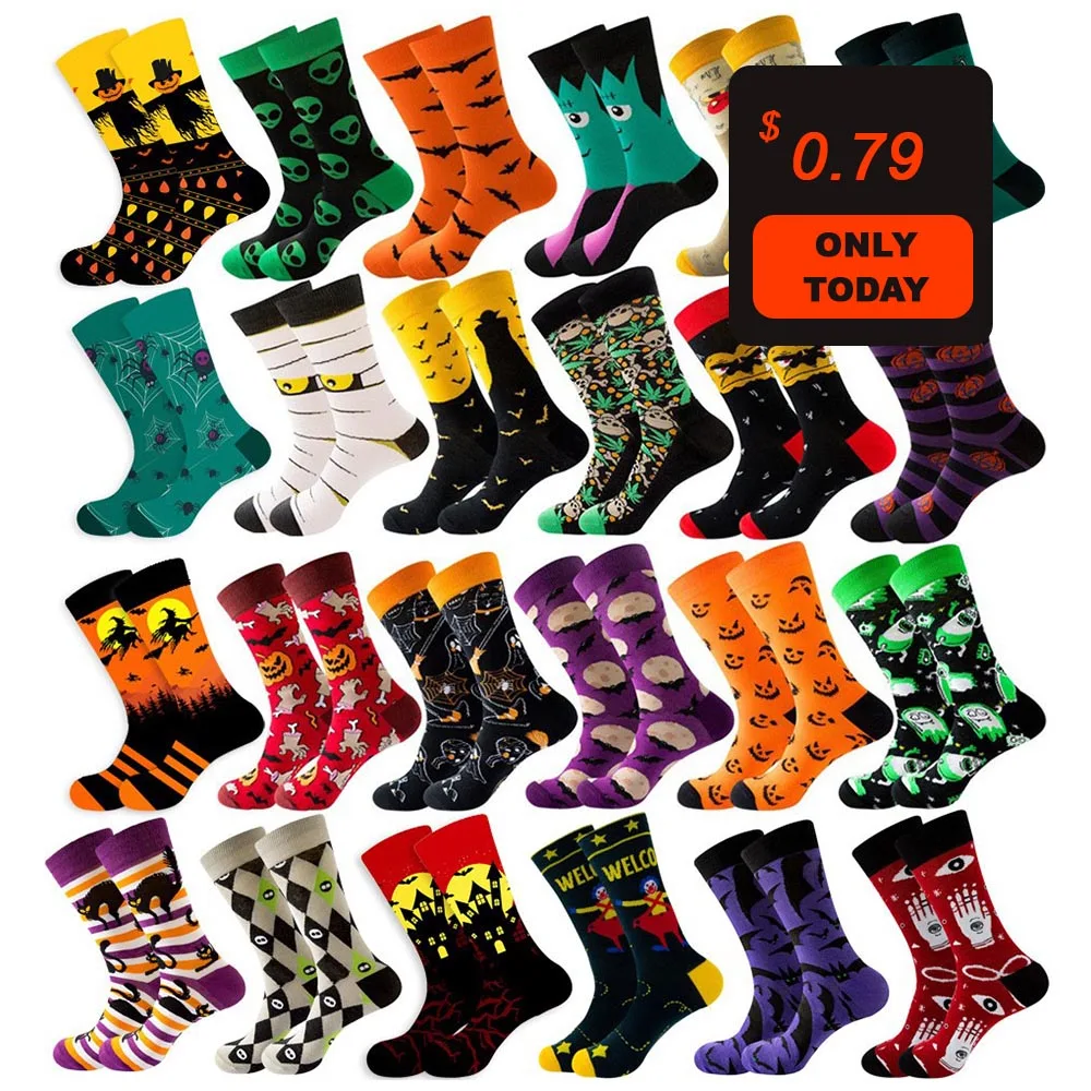 Wholesale Novelty Funny Crew Cotton Unisex Socks Skull Pattern Happy Halloween Socks for Men