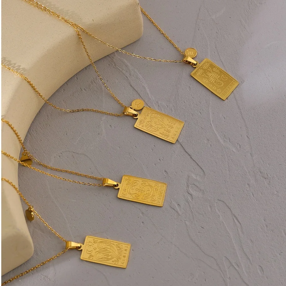 Personalized Astrology Square 12 Zodiac Tarot Card Deck Jewelry Custom Gold Stainless Steel Zodiac Sign Pendant Necklace