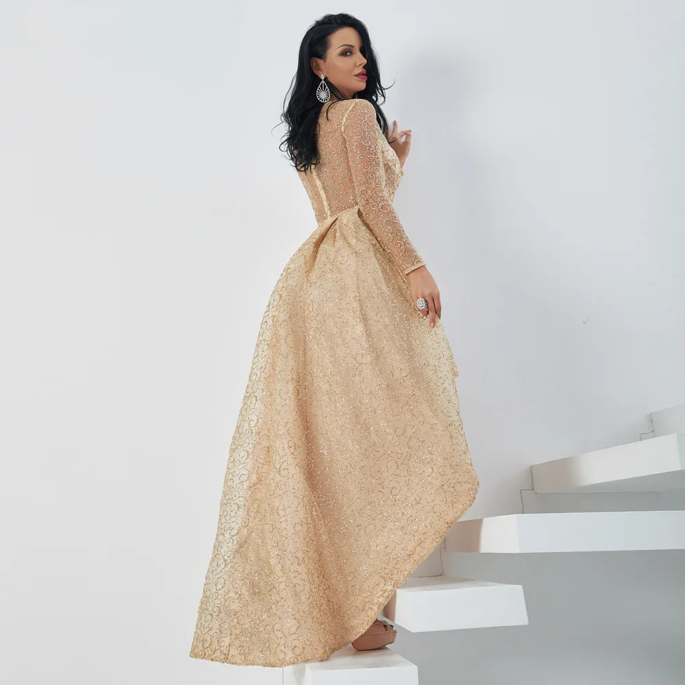 Custom High Quality O Neck Mermaid Beading Champagne High Low Summer Evening Dresses for Wedding