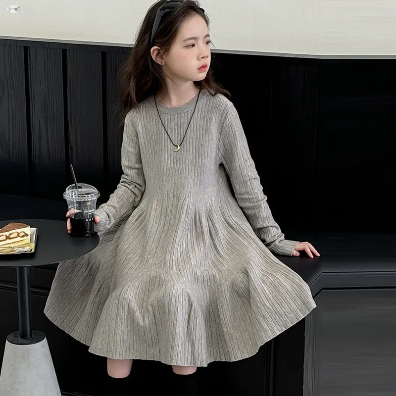 2024 Fall Children Girls Long Sleeved Knit Ruffle Blue Gray Solid Dress 5-15 Years