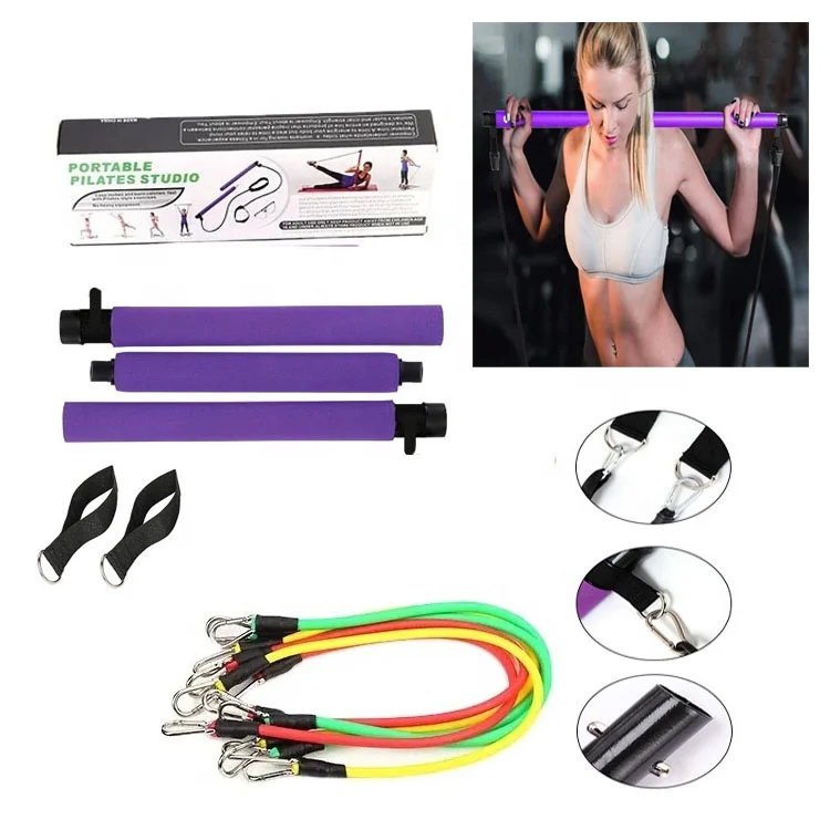 Home Fitness Indoor Portable 3 section high resistance pro yoga pilates indoor fitness bar kit exercise bar with resistance band