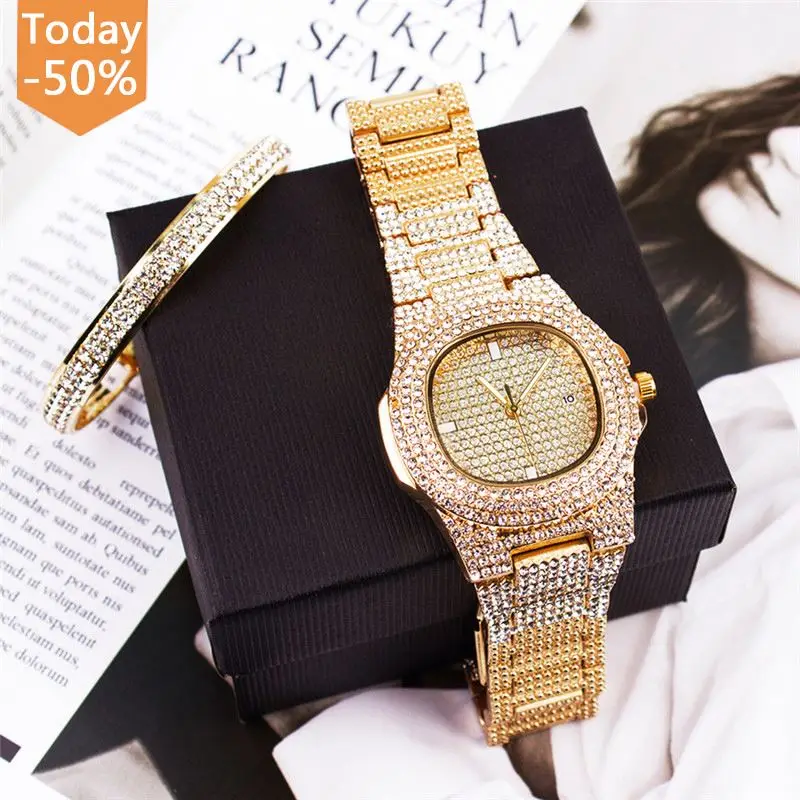 2022 New Style Luxury Iced Out Watch Bling Quartz Square Women Watches Relojes Hip Hop Gold Full Watch Jewelry