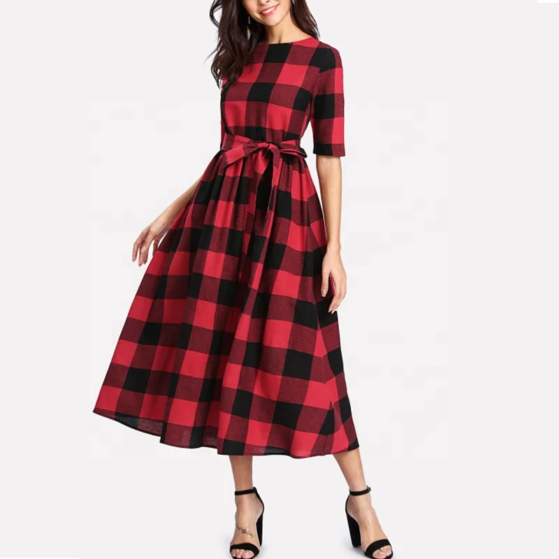2022 Fashion Half Sleeve Black and Red Gingham Long Maxi Dress for Women