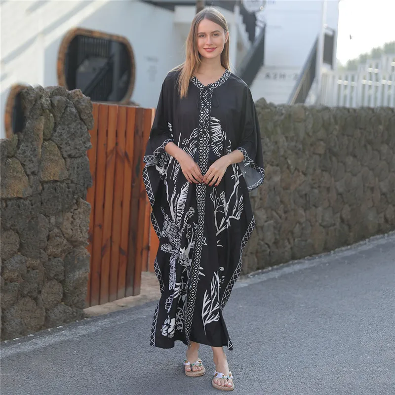 New Arrivals Floral Print Ladies Blouses Summer Women Beach Dress Viscose Black Printed Kimono Scarf