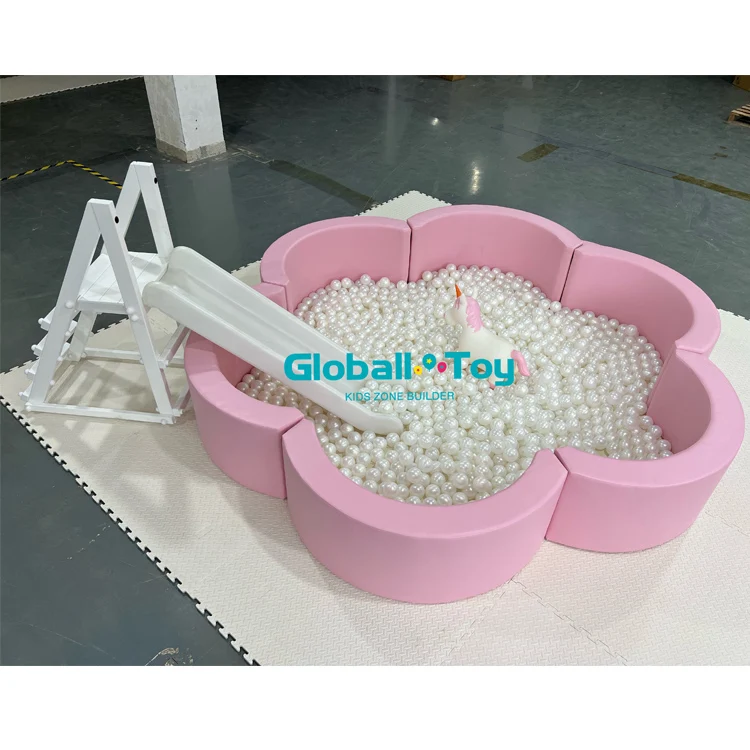 Popular Flower Ball Pit Kids Playground Equipment White And Pink Soft Play Petal Ball Pit With Slide