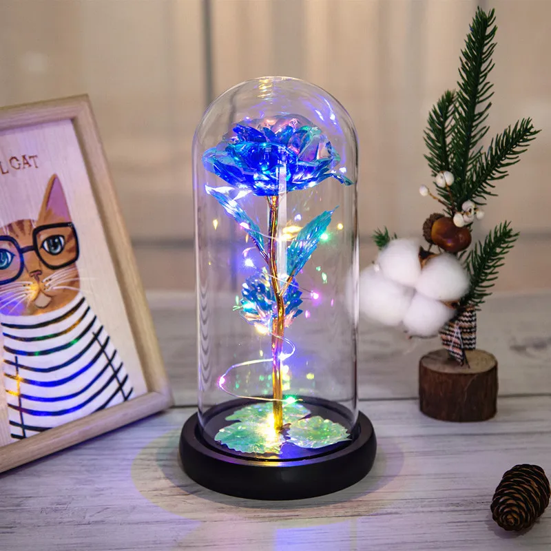 Популярные 24K Galaxy Roses со светодиодной подсветкой в стеклянном куполе для Дня матери День святого Валентина