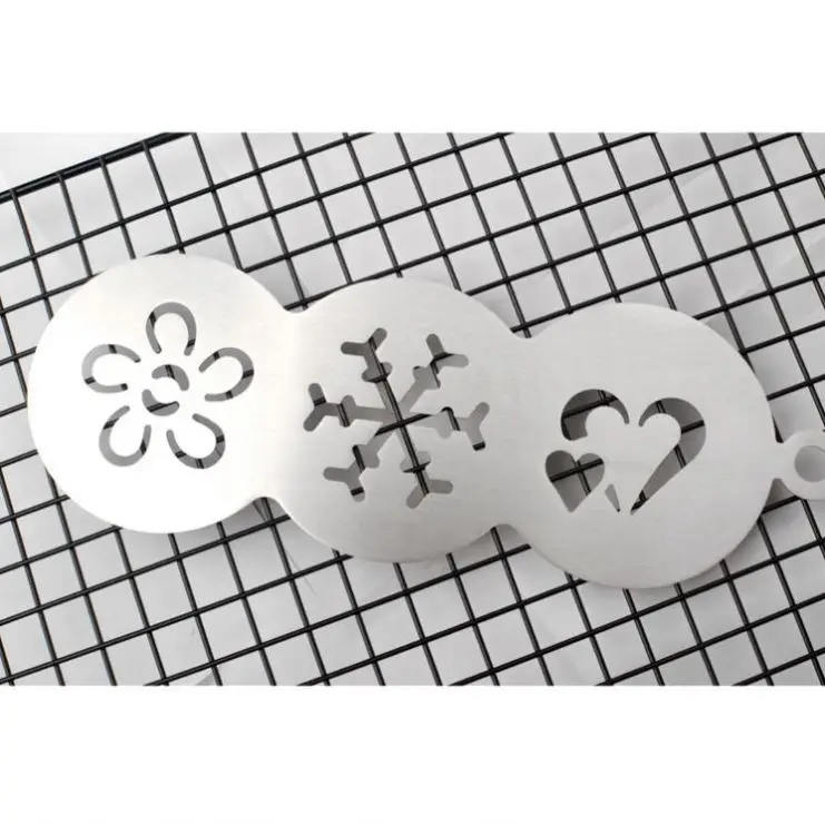 HH Three In One Flower Snowflower Heart Shape Wholesale Stainless Steel Cake Stencil for Decoration, Coffee Stencil