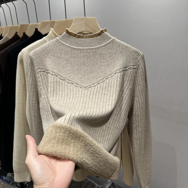 2023 autumn new arrival Ladies mock neck long sleeve tight fit flounce bead basic shirt women sweater jumper