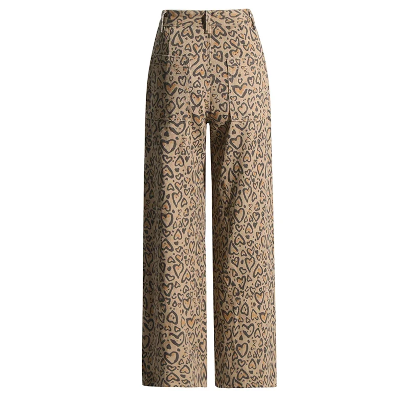 Leopard Rhinestone Embellished Colorblock Hollow Out Patchwork Diamonds Straight Wide Leg Denim High Wholesale Women Jeans