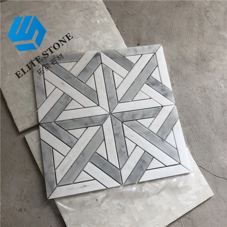 Star And Cross Grey White Carrara Flower Pattern Waterjet Tile Marble Mosaic For Interior Wall Backsplash Floor Decor