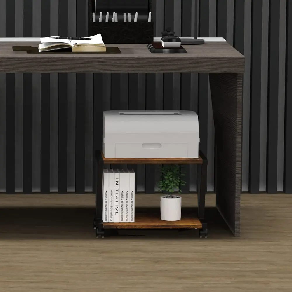 Home Office Industrial Farmhouse Wood Storage Book Shelf Table Organizer 2 Tiers Retro Desktop Printer Stand