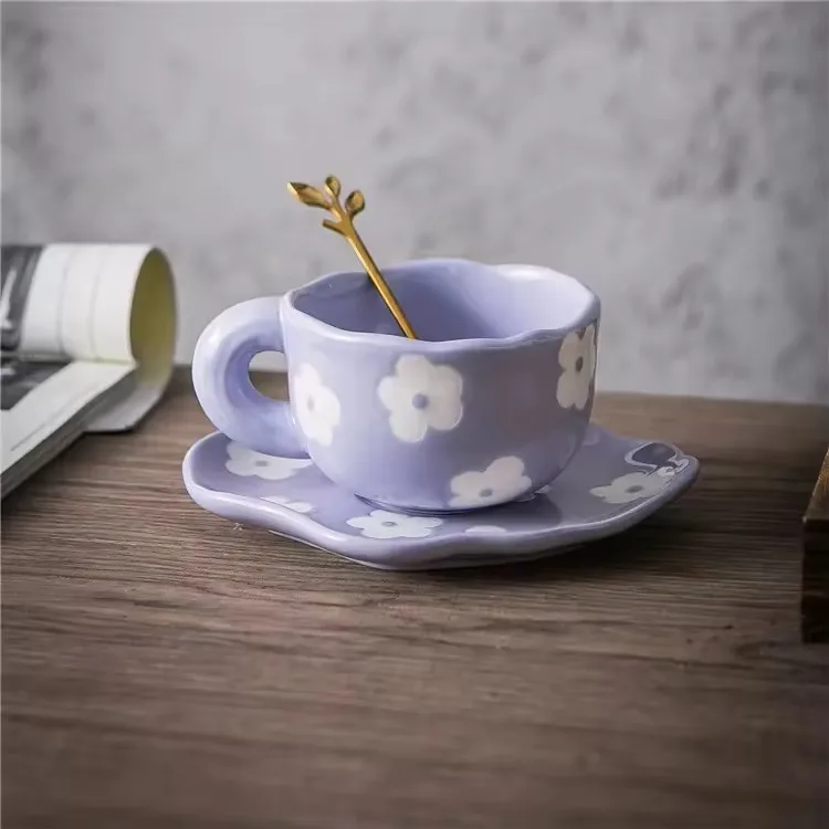 Modern nordic pink tulip cute girls gift small porcelain cup set cappuccino latte tea cup ceramic coffee cups with saucer