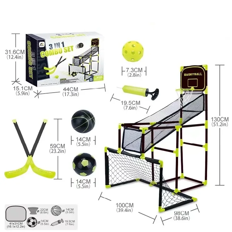 Kids 3-in-1 Sports Combo Set Hockey Soccer Basketball Indoor Arcade Game Includes Basketball Stand&Kids Soccer Goal
