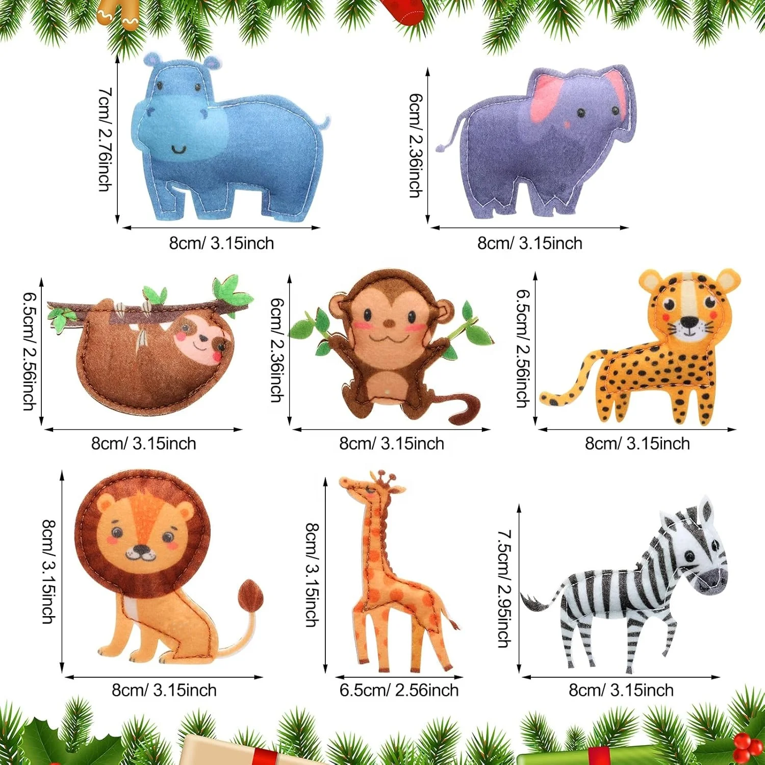 Felt Giraffe Lion Elephant Monkey Leopard Zebra Sloth Hippo Christmas Tree Hanging Ornaments Merry Christmas Animal Decoration