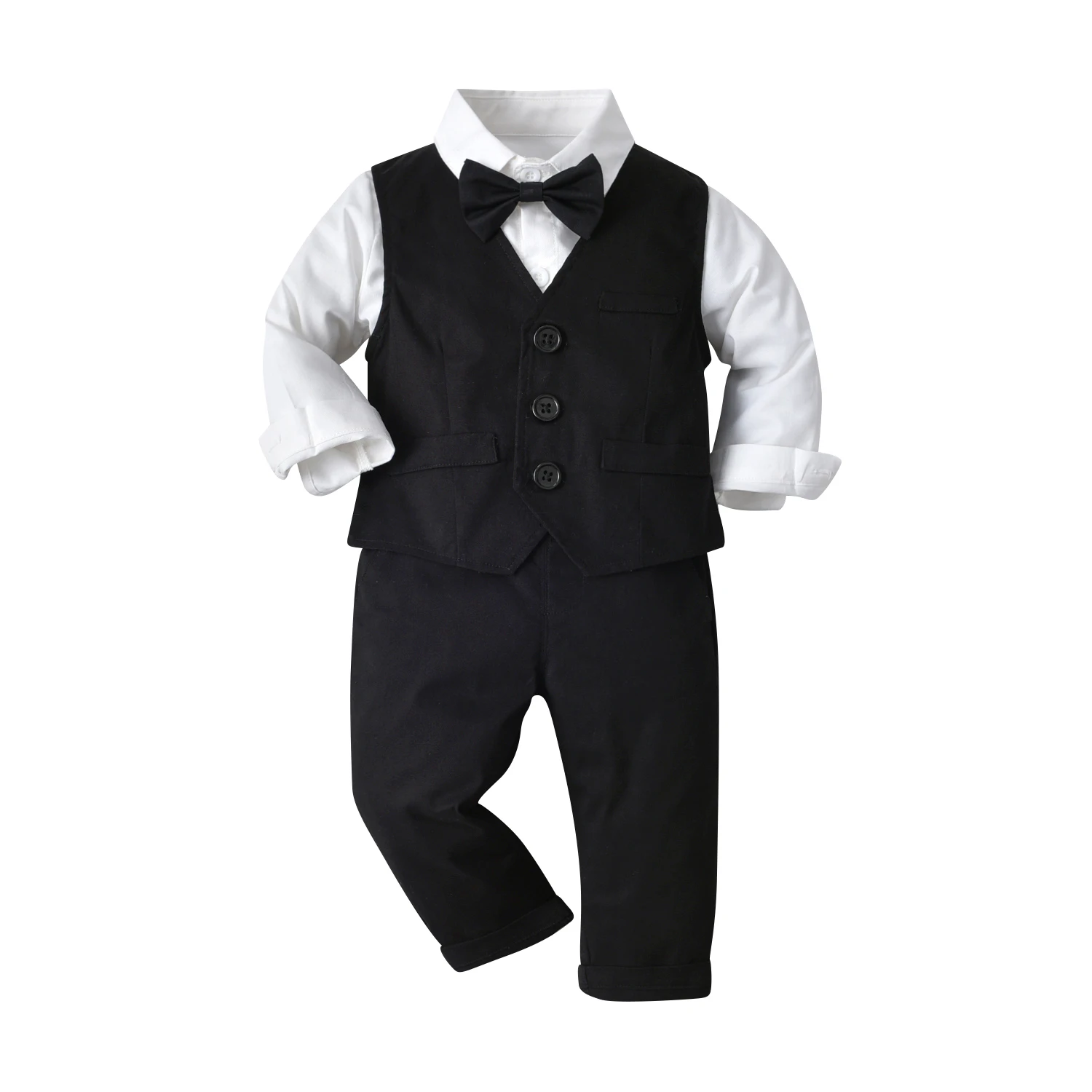 Special design white shirt black vest overalls three-piece baby boy formal clothing dress boys suit set