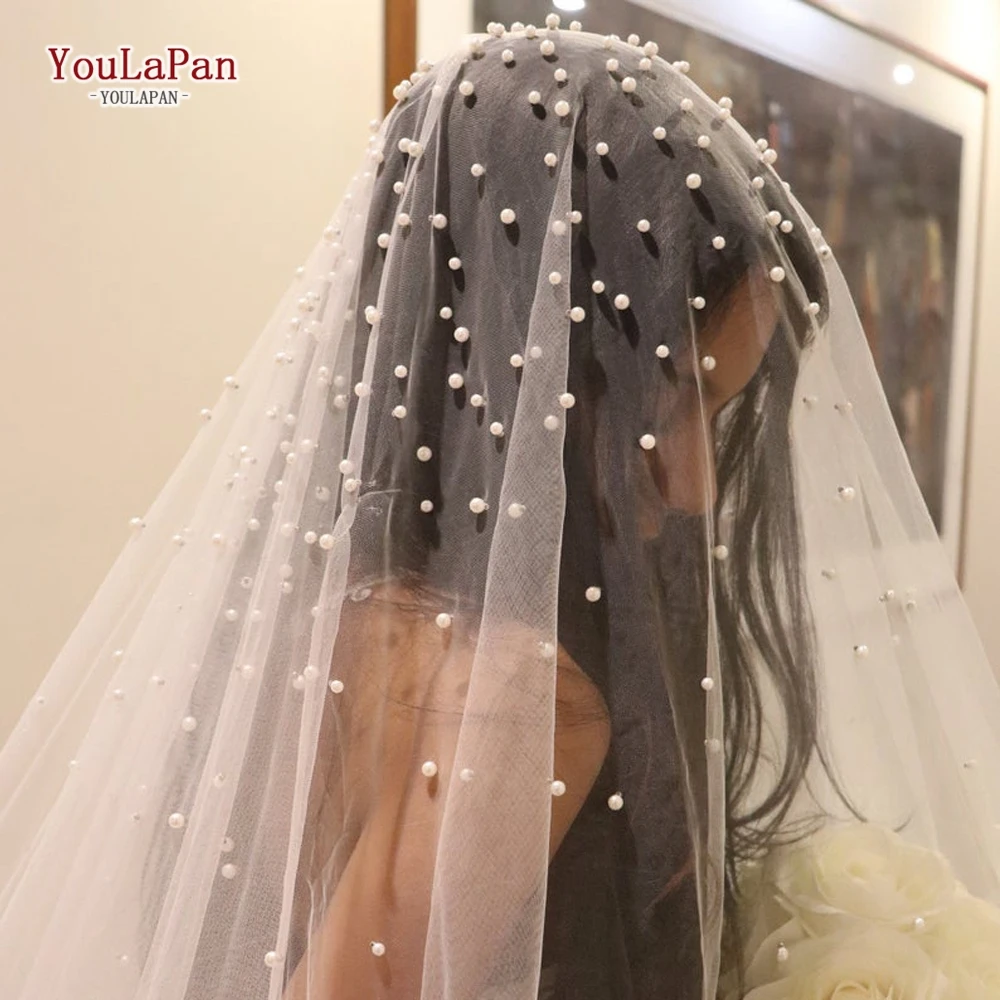 
YouLaPan V08 Long Tulle White Pearl Bridal Veil Cathedral Veil for wedding Dress Accessories 